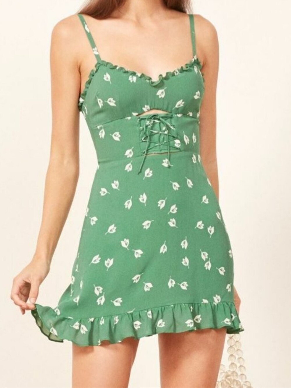 Reformation Frannie Lace Up Corset Mini Dress XS Green Floral Ruffles Coquette